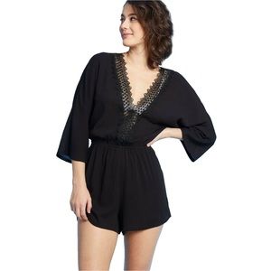 Sea Angel Romper Coverup Black Lace Trim Tie Back 3/4 Sleeves Size Small V Neck